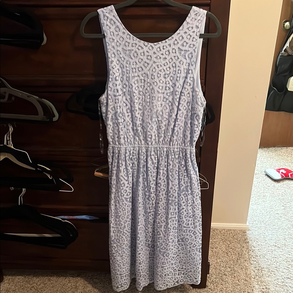 Blue lace with open/tie back tea length dress